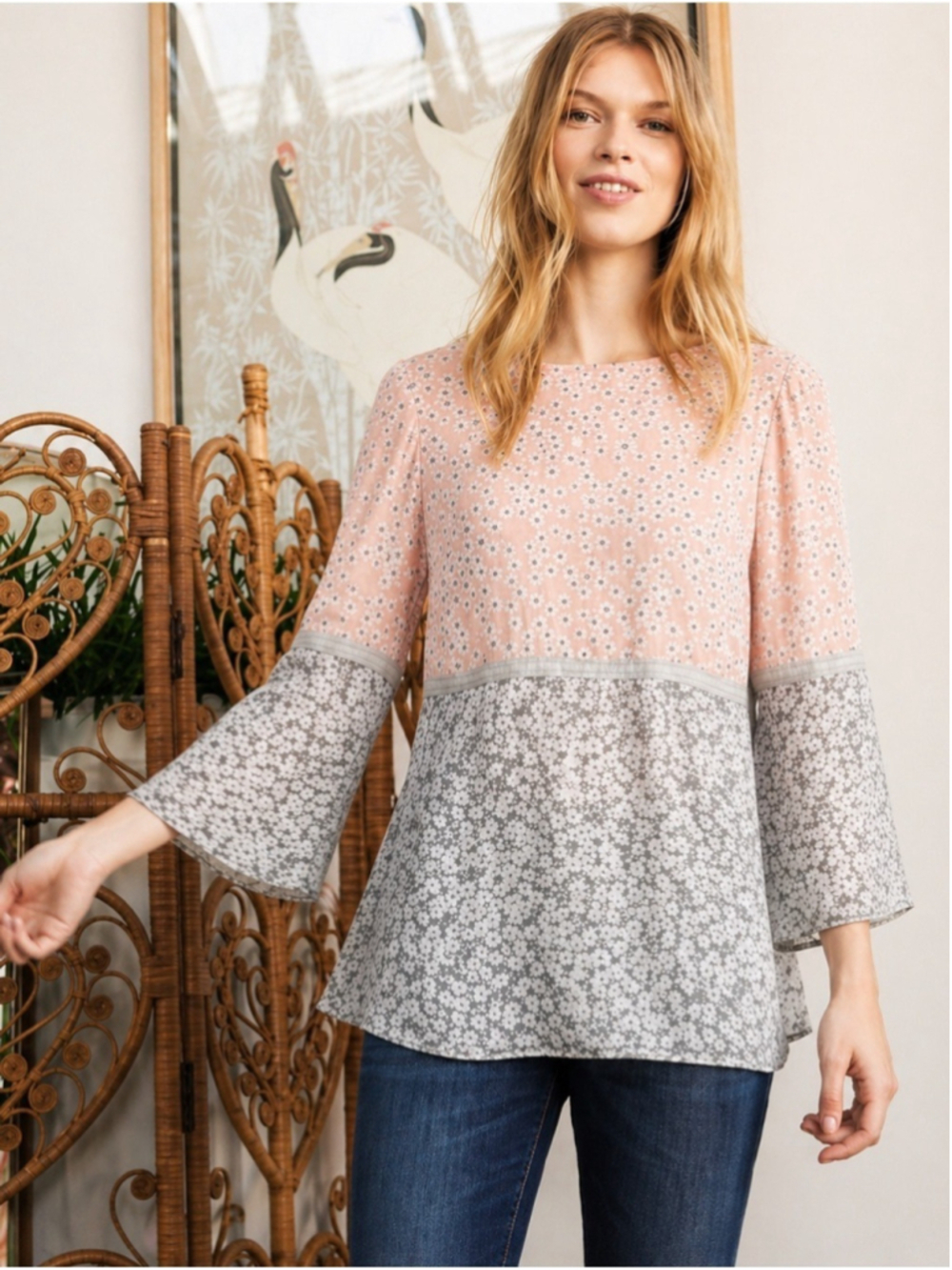 White Stuff sheer floral Waterfall Top Size 6 pink gray Soft Girl Boho Romantic